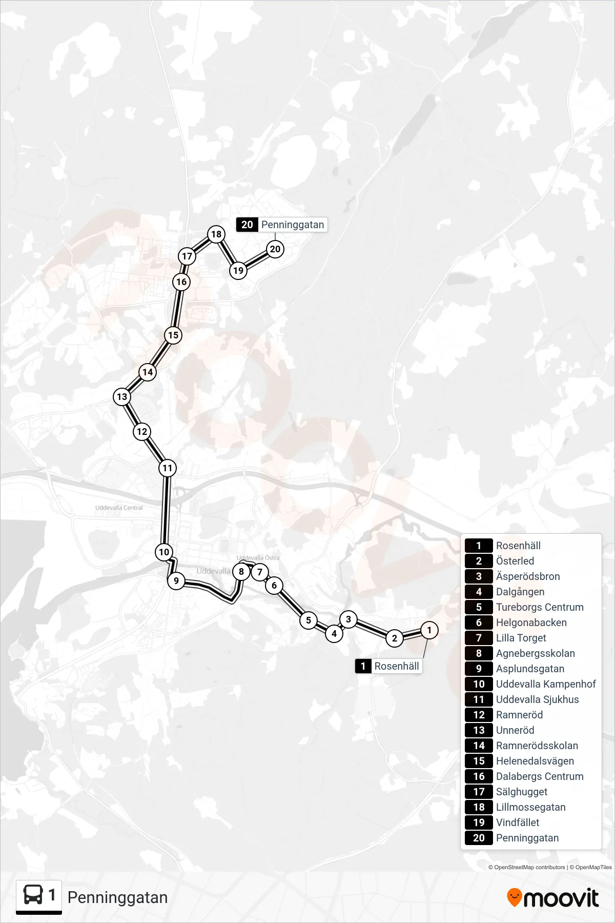 Rutt och hållplatser på karta för linje 1 spårvagn, (Penninggatan)