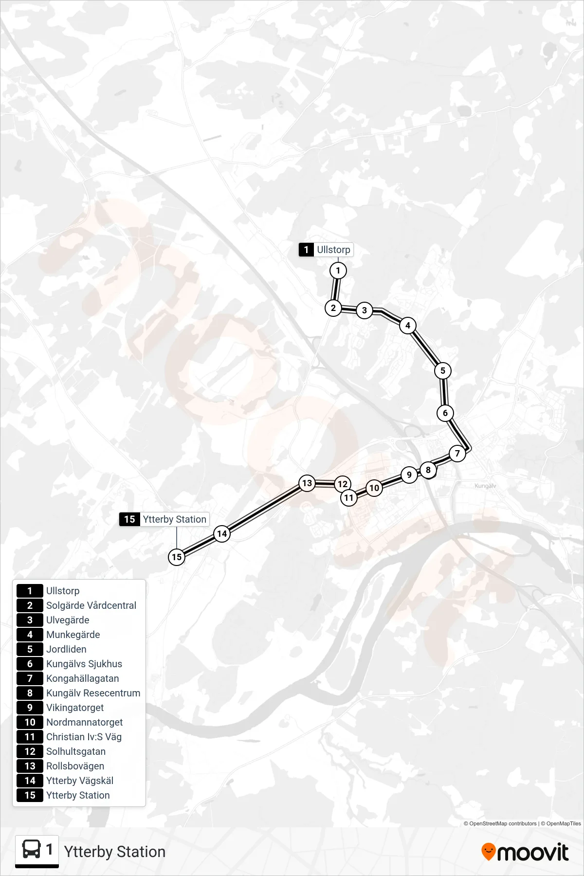 Rutt och hållplatser på karta för linje 1  spårvagn, (Ytterby Station)