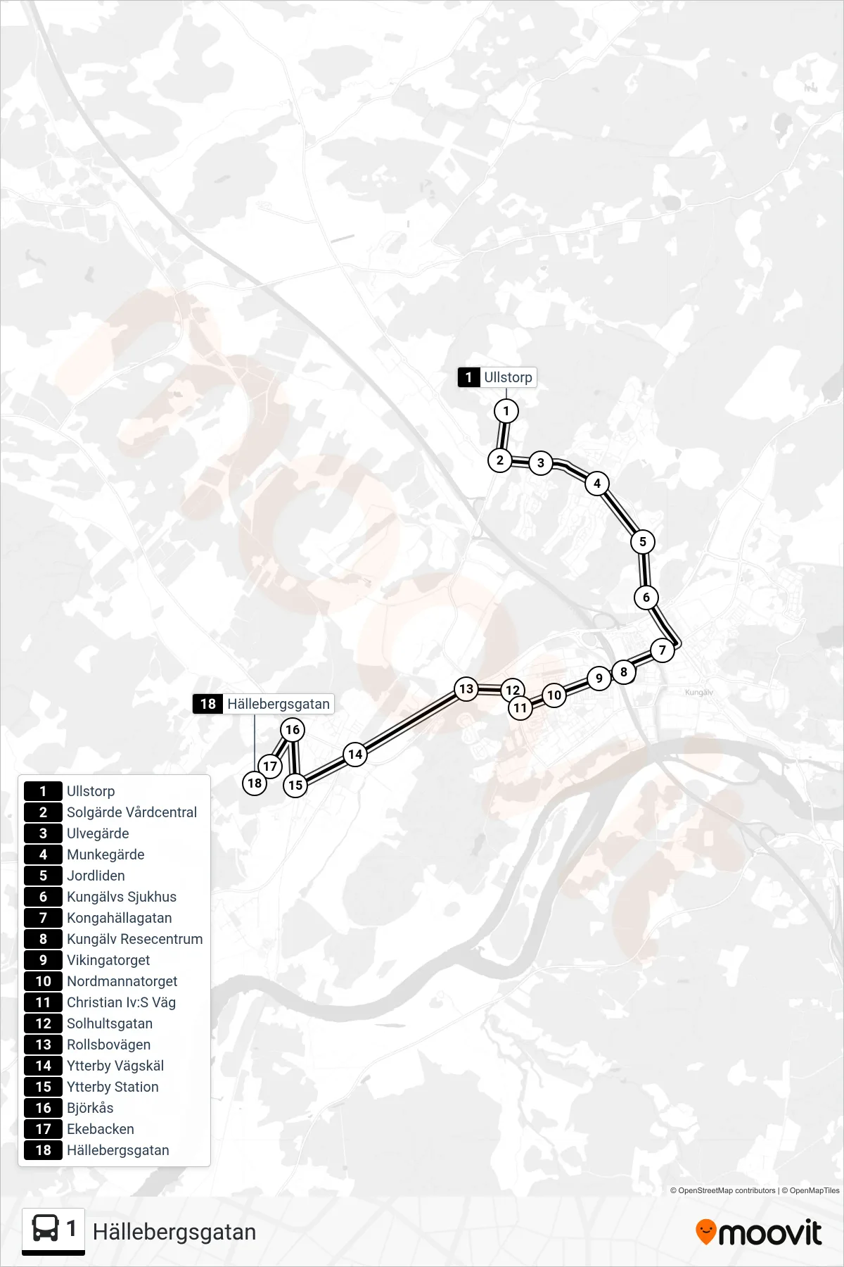 Rutt och hållplatser på karta för linje 1  spårvagn, (Hällebergsgatan)