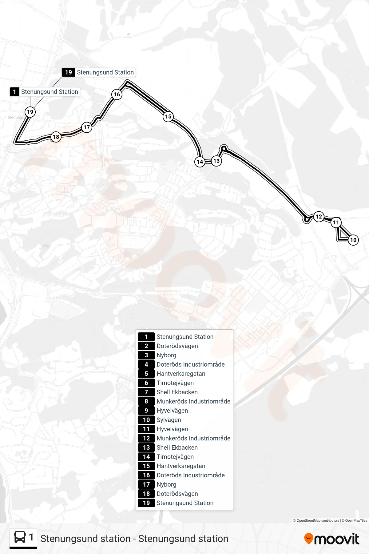 Rutt och hållplatser på karta för linje 1  spårvagn, (Stenungsund Station)