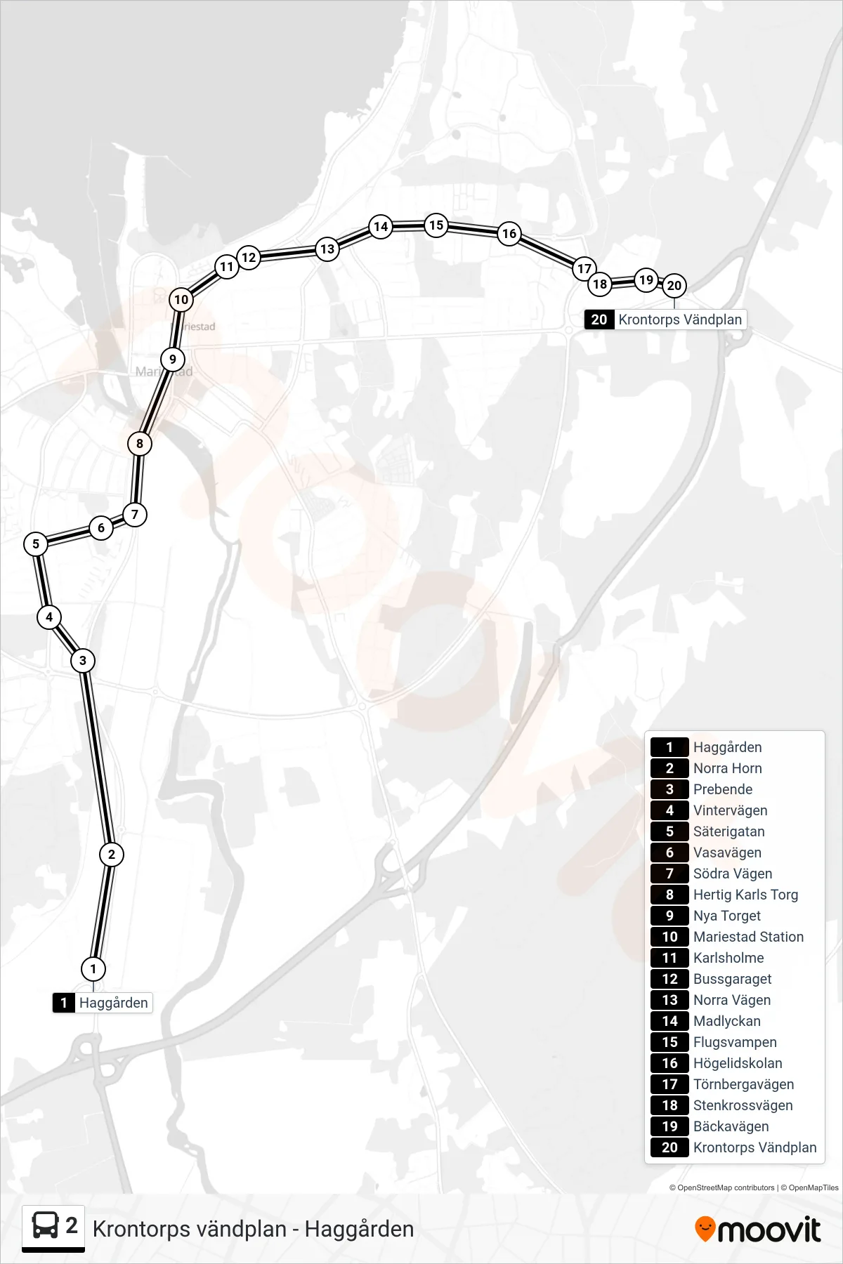 Rutt och hållplatser på karta för linje 2 spårvagn, (Krontorps Vändplan)