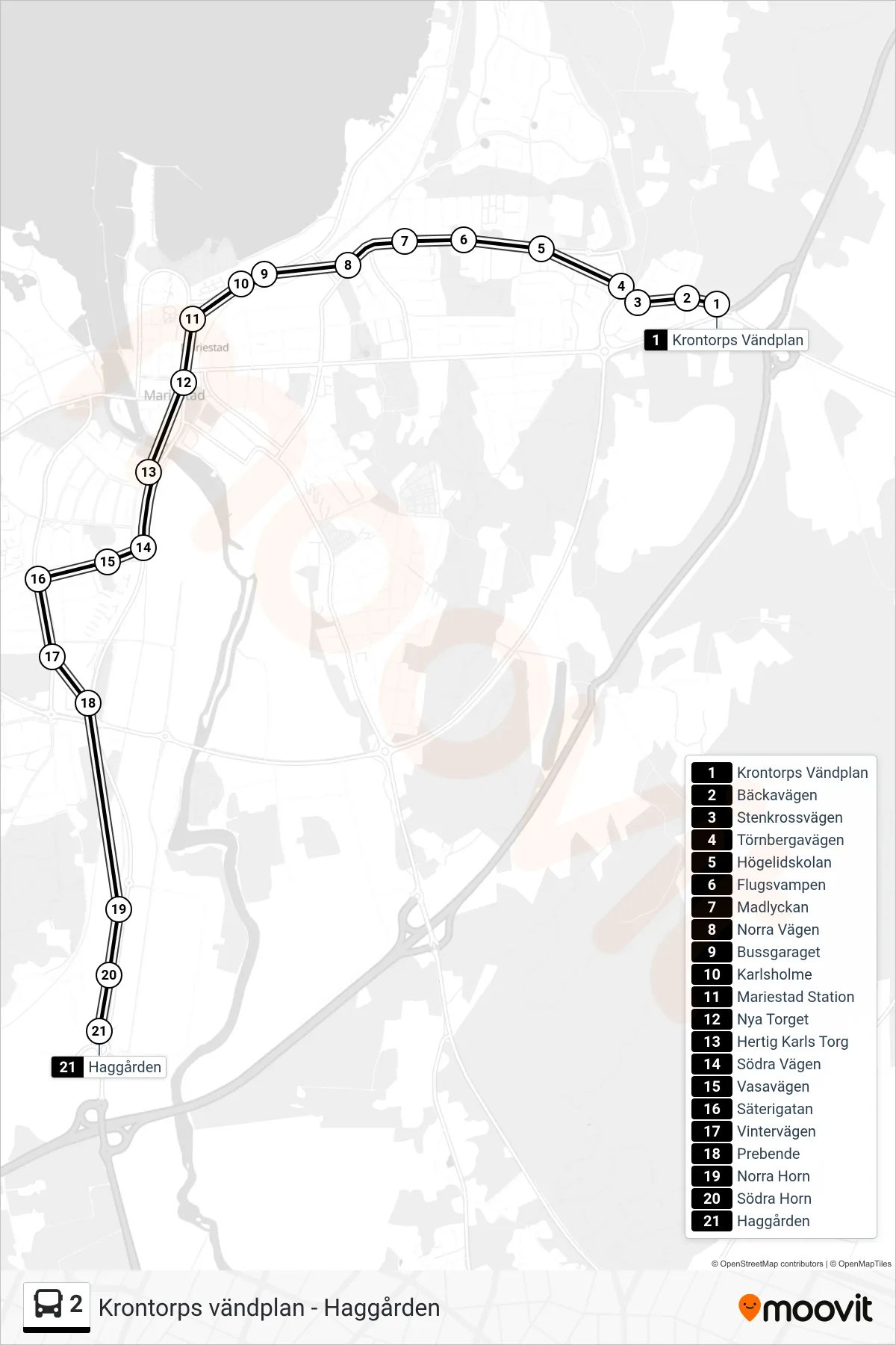 Rutt och hållplatser på karta för linje 2 spårvagn, (Haggården)
