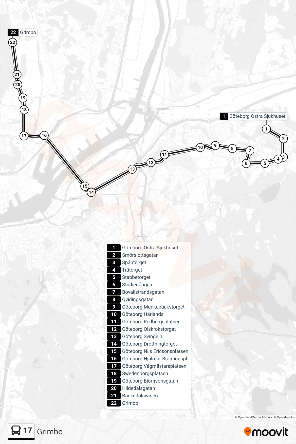 Rutt och hållplatser på karta för linje 17 spårvagn, (Grimbo)