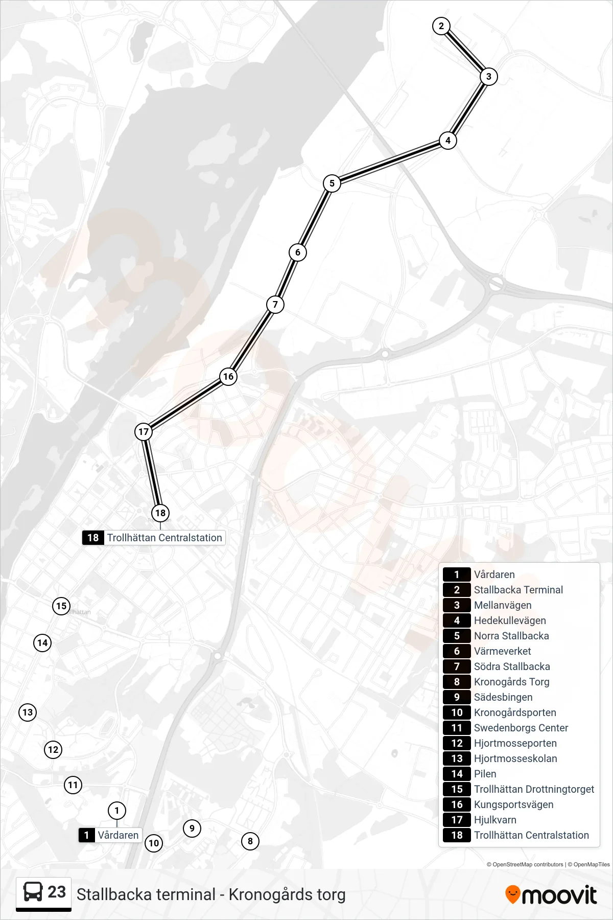 Rutt och hållplatser på karta för linje 23 spårvagn, (Trollhättan Centralstation)