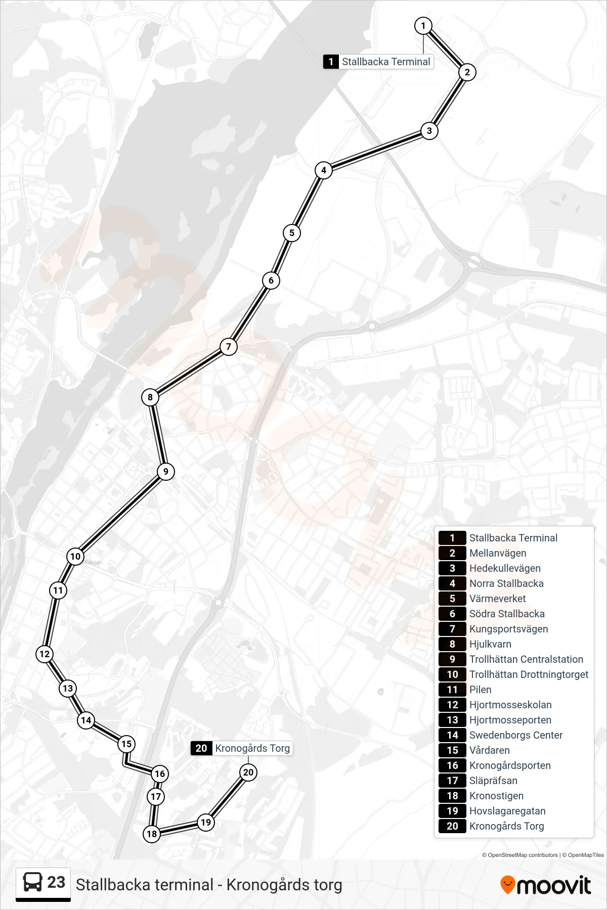 Rutt och hållplatser på karta för linje 23  spårvagn, (Kronogårds Torg)