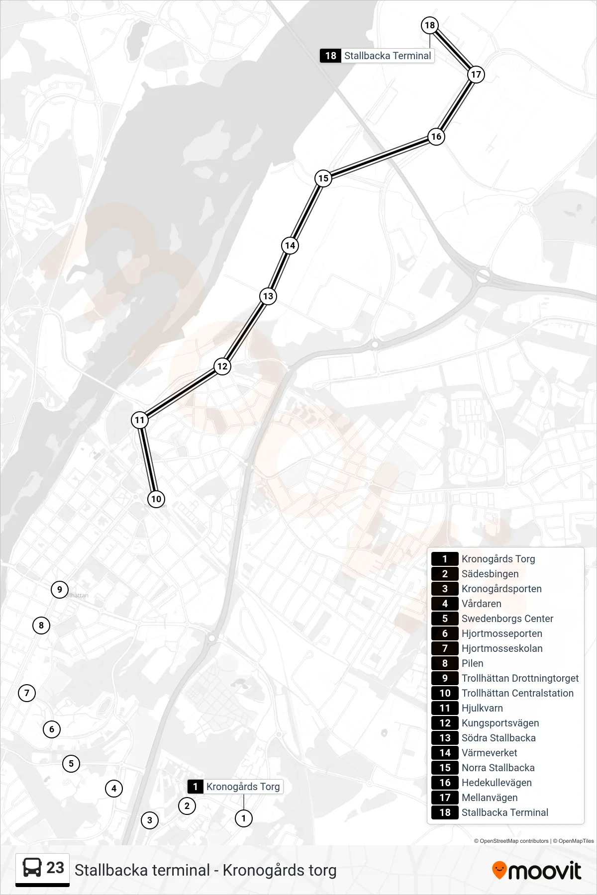 Rutt och hållplatser på karta för linje 23  spårvagn, (Stallbacka Terminal)