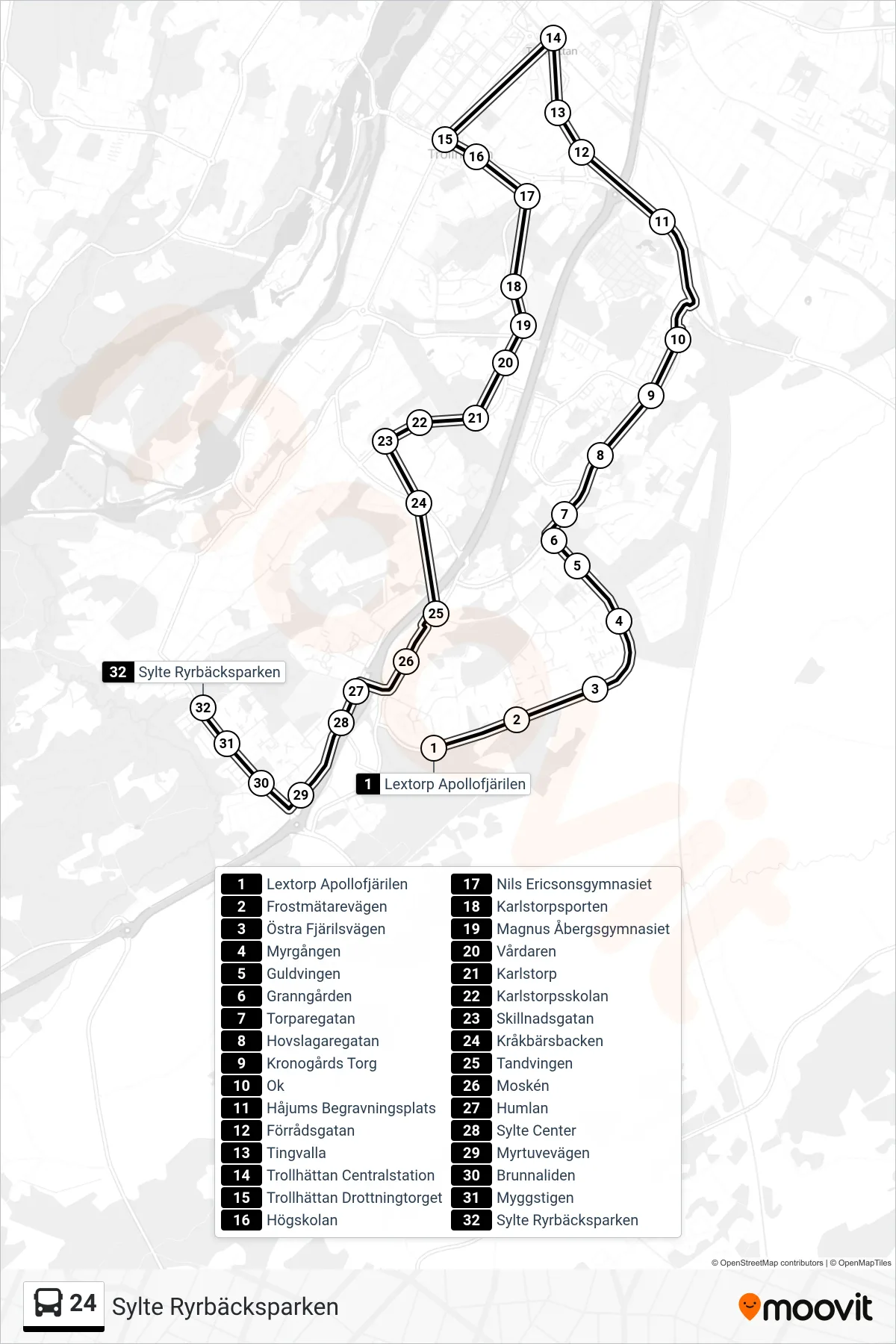 Rutt och hållplatser på karta för linje 24  spårvagn, (Sylte Ryrbäcksparken)
