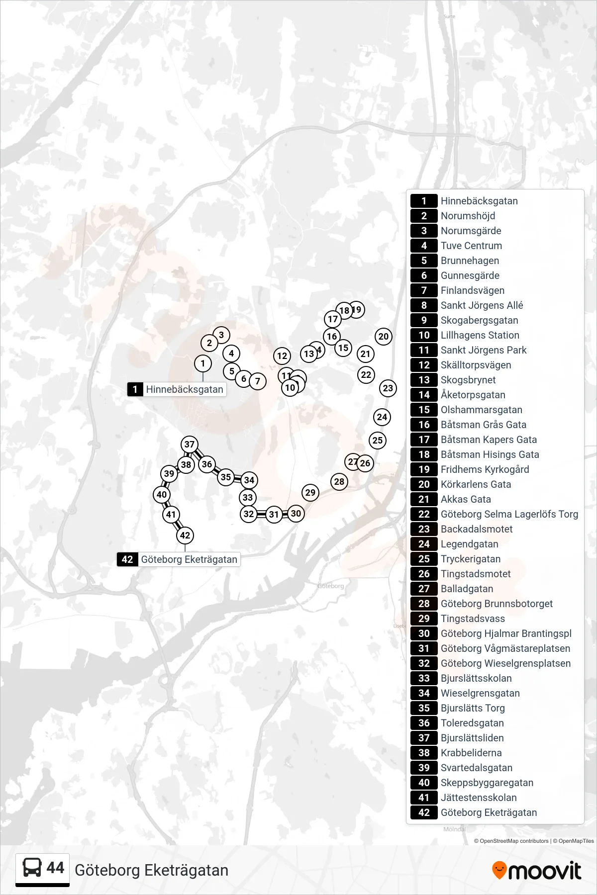 Rutt och hållplatser på karta för linje 44 spårvagn, (Göteborg Eketrägatan)