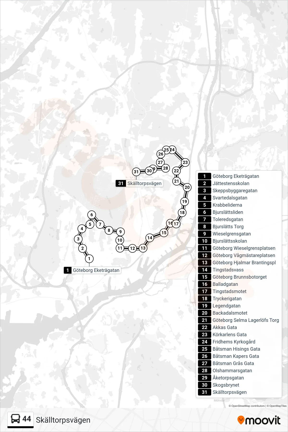 Rutt och hållplatser på karta för linje 44  spårvagn, (Skälltorpsvägen)