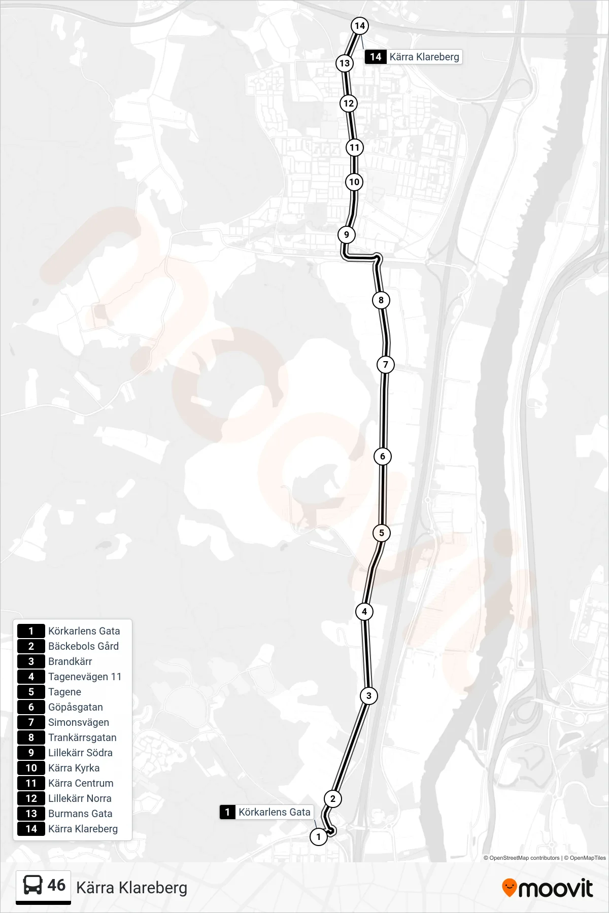 Rutt och hållplatser på karta för linje 46 spårvagn, (Kärra Klareberg)