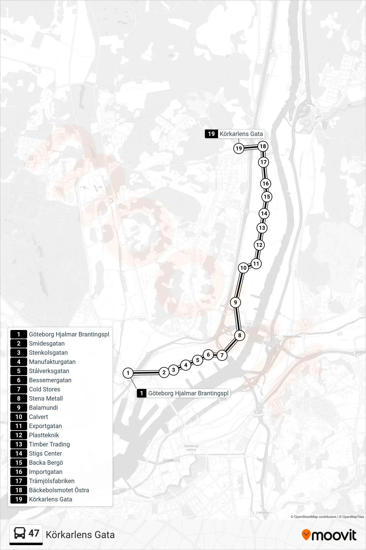 Rutt och hållplatser på karta för linje 47  spårvagn, (Körkarlens Gata)