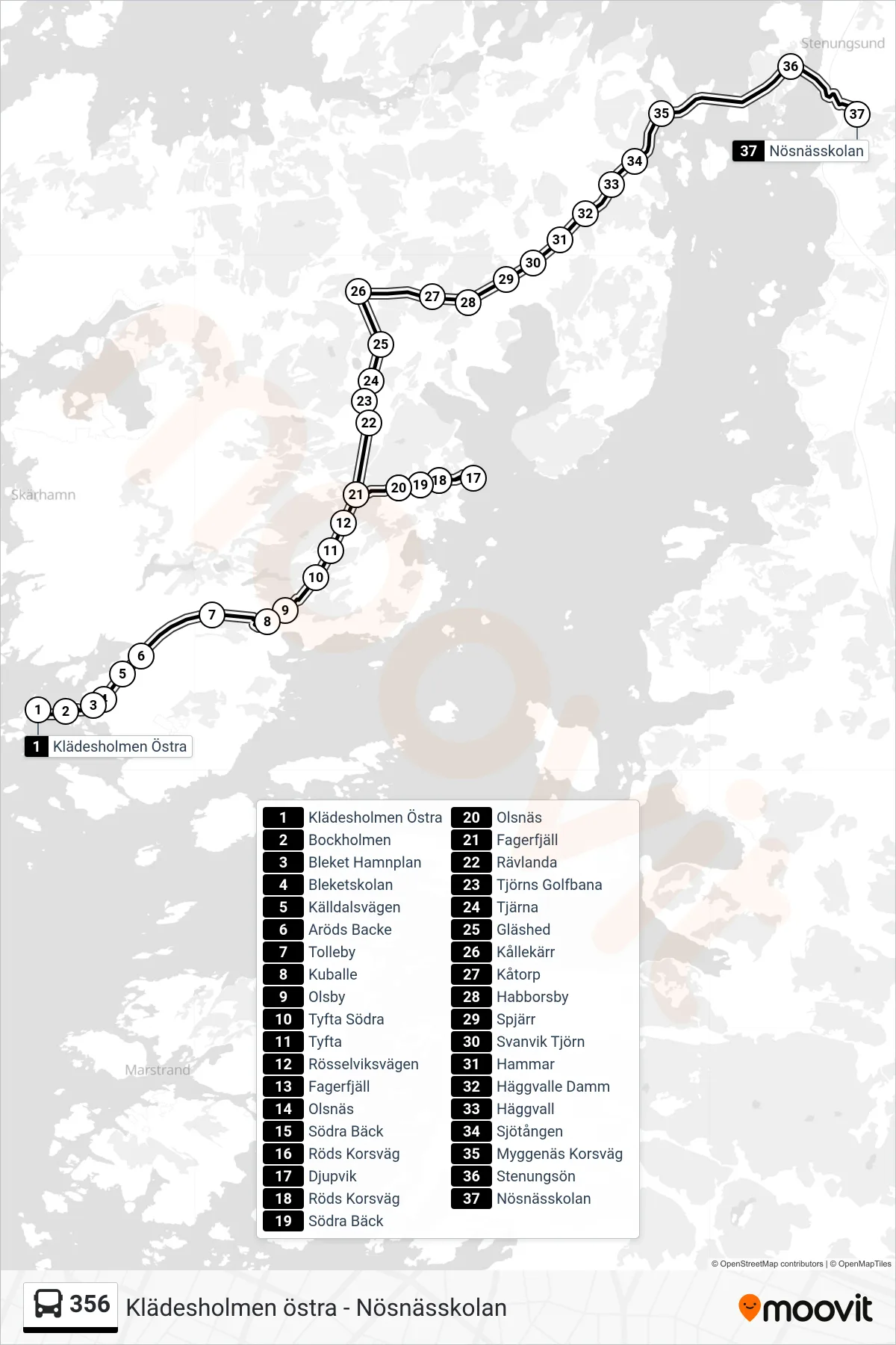 Rutt och hållplatser på karta för linje 356  spårvagn, (Nösnässkolan)