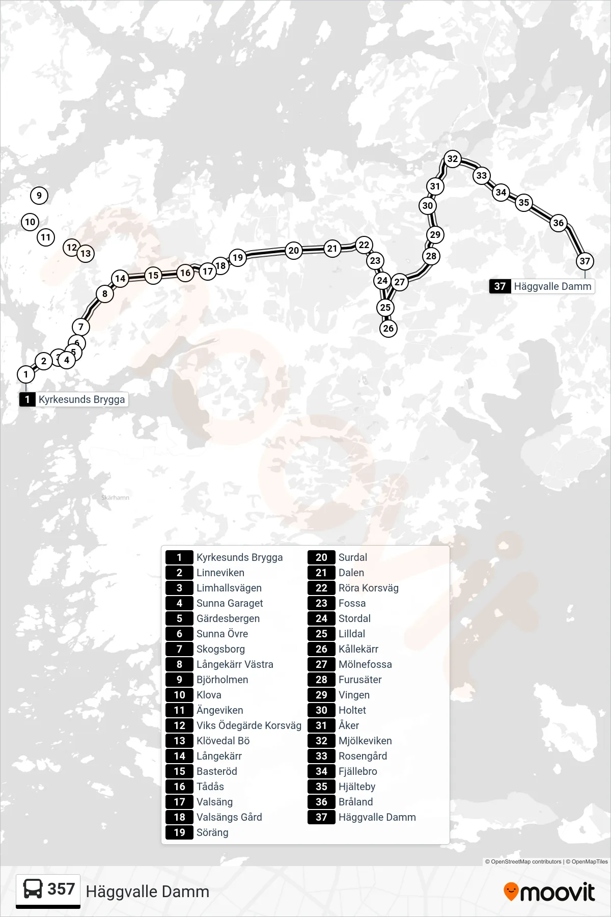 Rutt och hållplatser på karta för linje 357  spårvagn, (Häggvalle Damm)