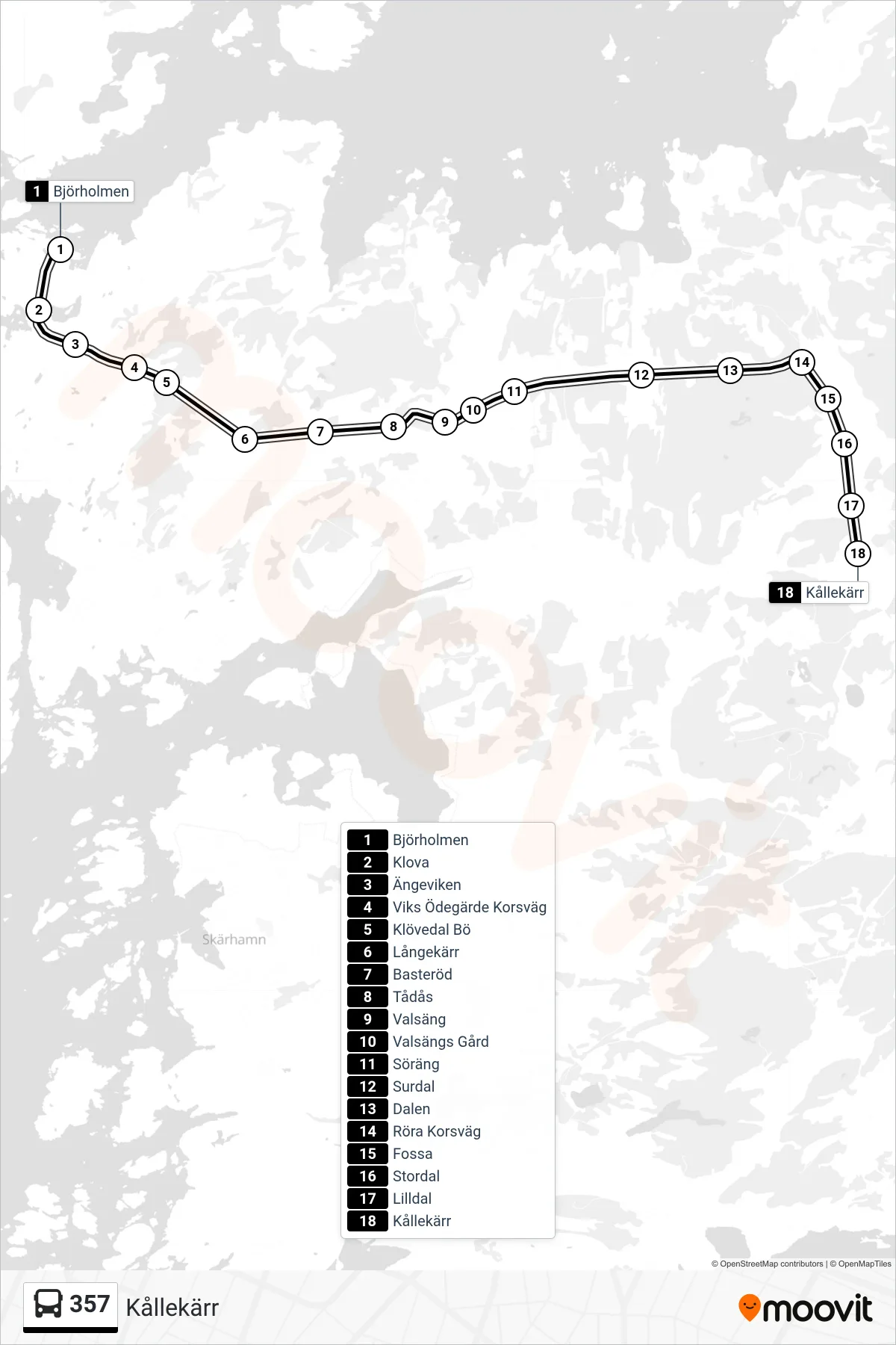 Rutt och hållplatser på karta för linje 357  spårvagn, (Kållekärr)