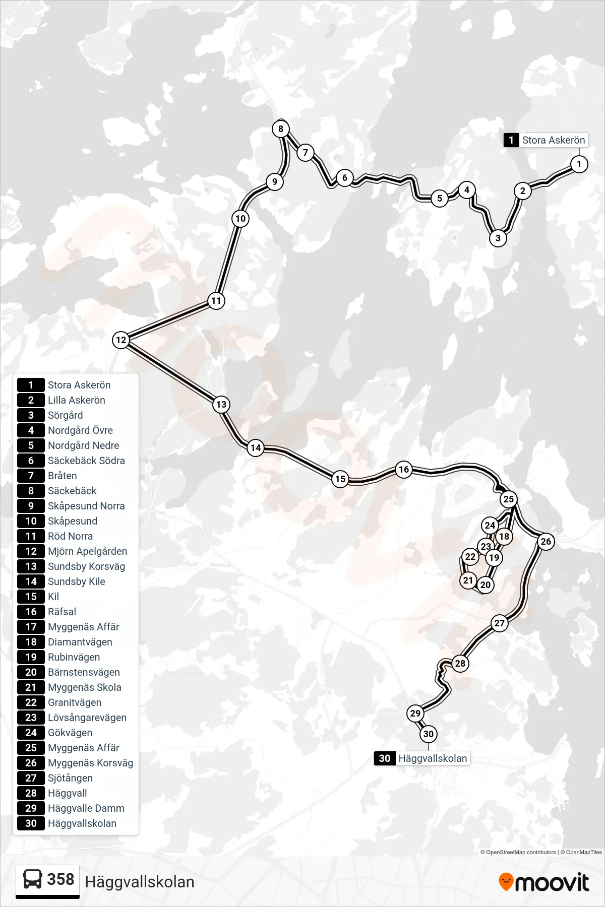 Rutt och hållplatser på karta för linje 358  spårvagn, (Häggvallskolan)