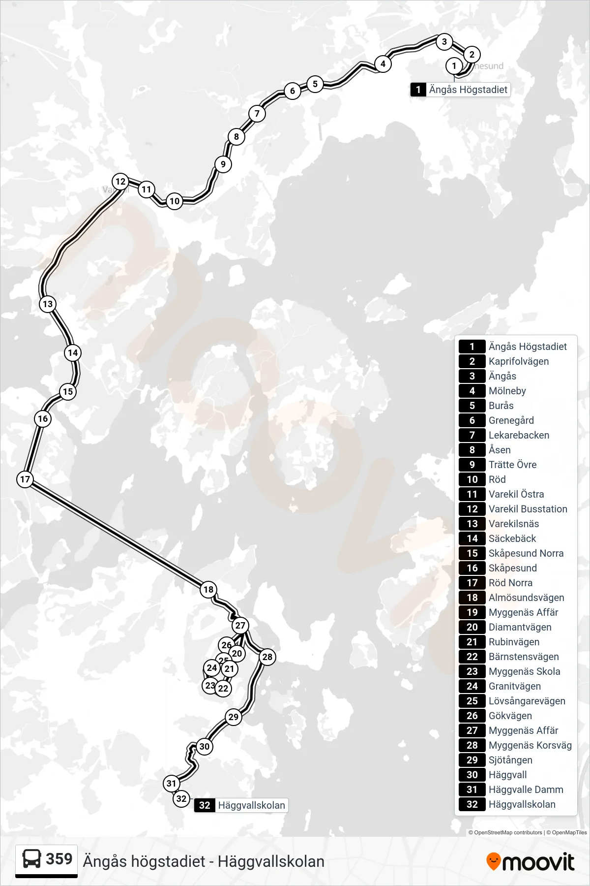 Rutt och hållplatser på karta för linje 359 spårvagn, (Häggvallskolan)