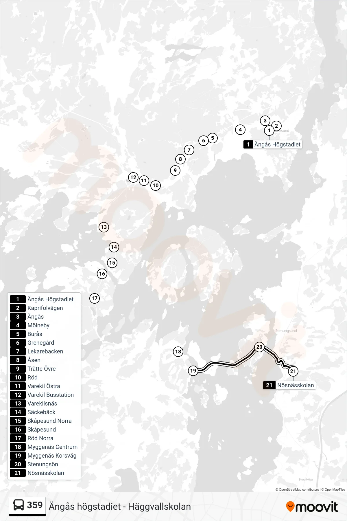 Rutt och hållplatser på karta för linje 359 spårvagn, (Nösnässkolan)