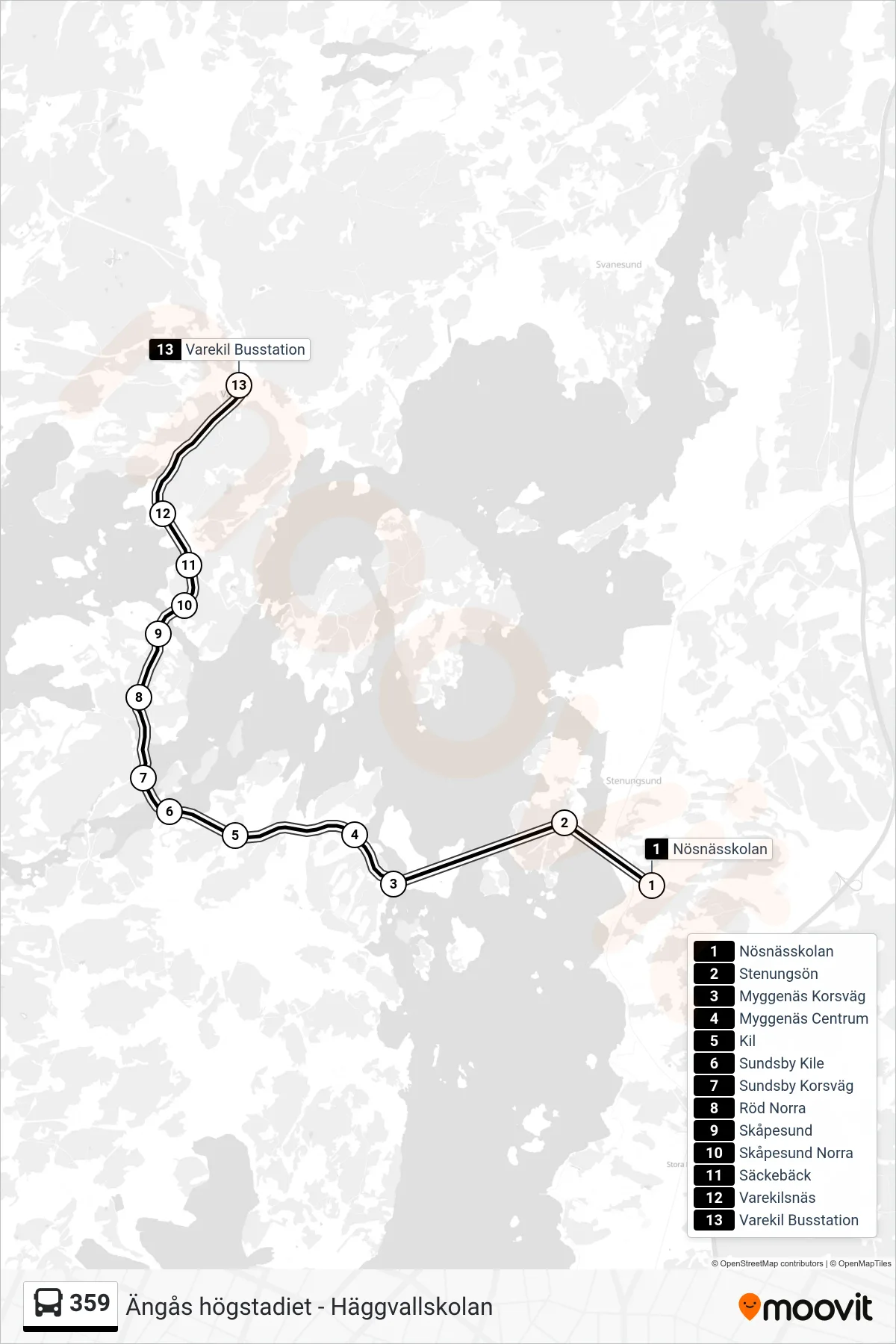 Rutt och hållplatser på karta för linje 359  spårvagn, (Varekil Busstation)
