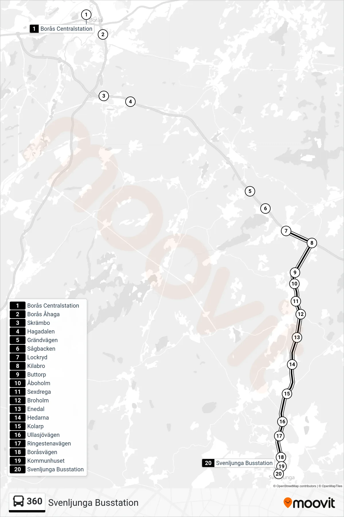 Rutt och hållplatser på karta för linje 360  spårvagn, (Svenljunga Busstation)