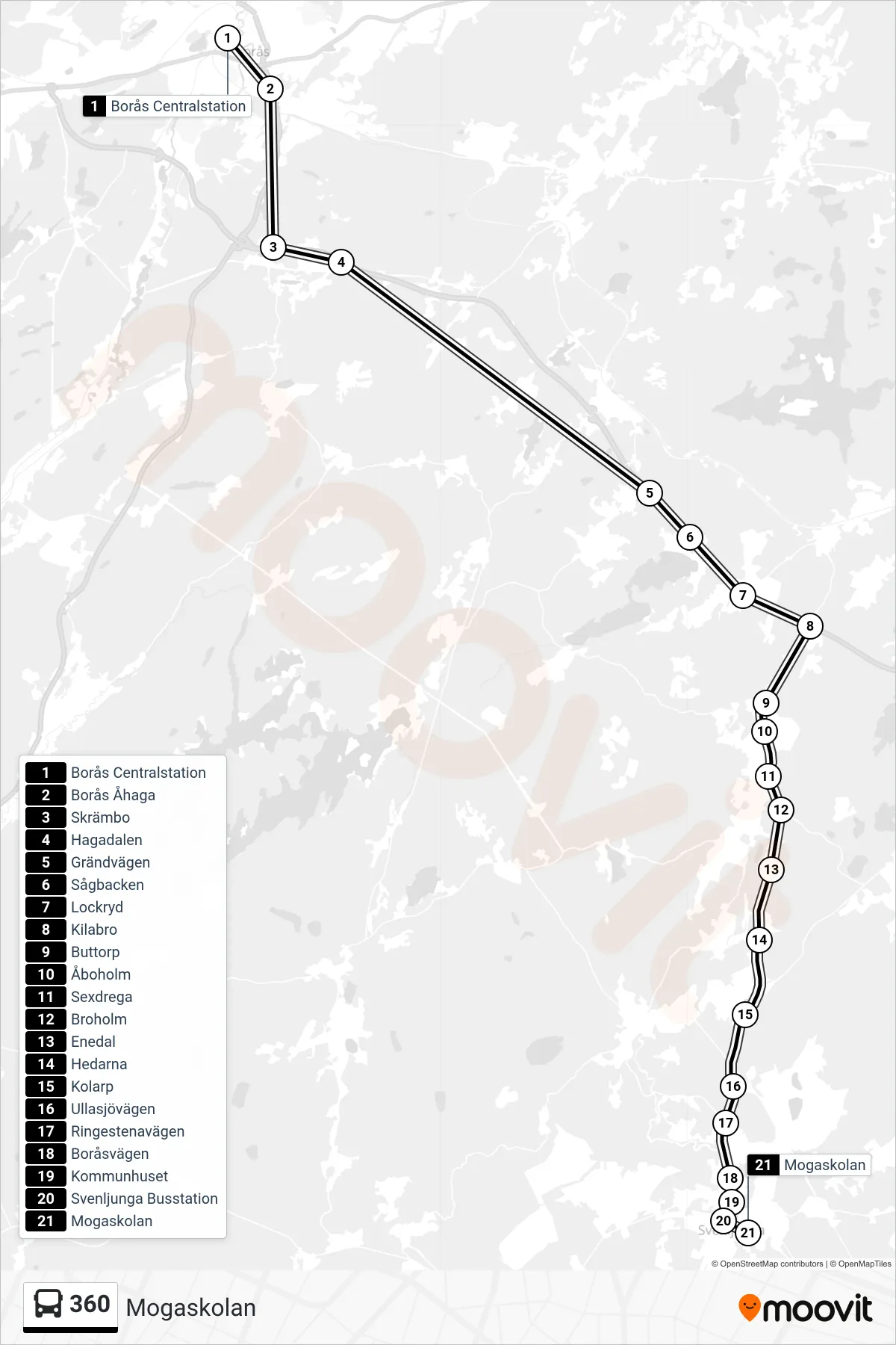 Rutt och hållplatser på karta för linje 360 spårvagn, (Mogaskolan)