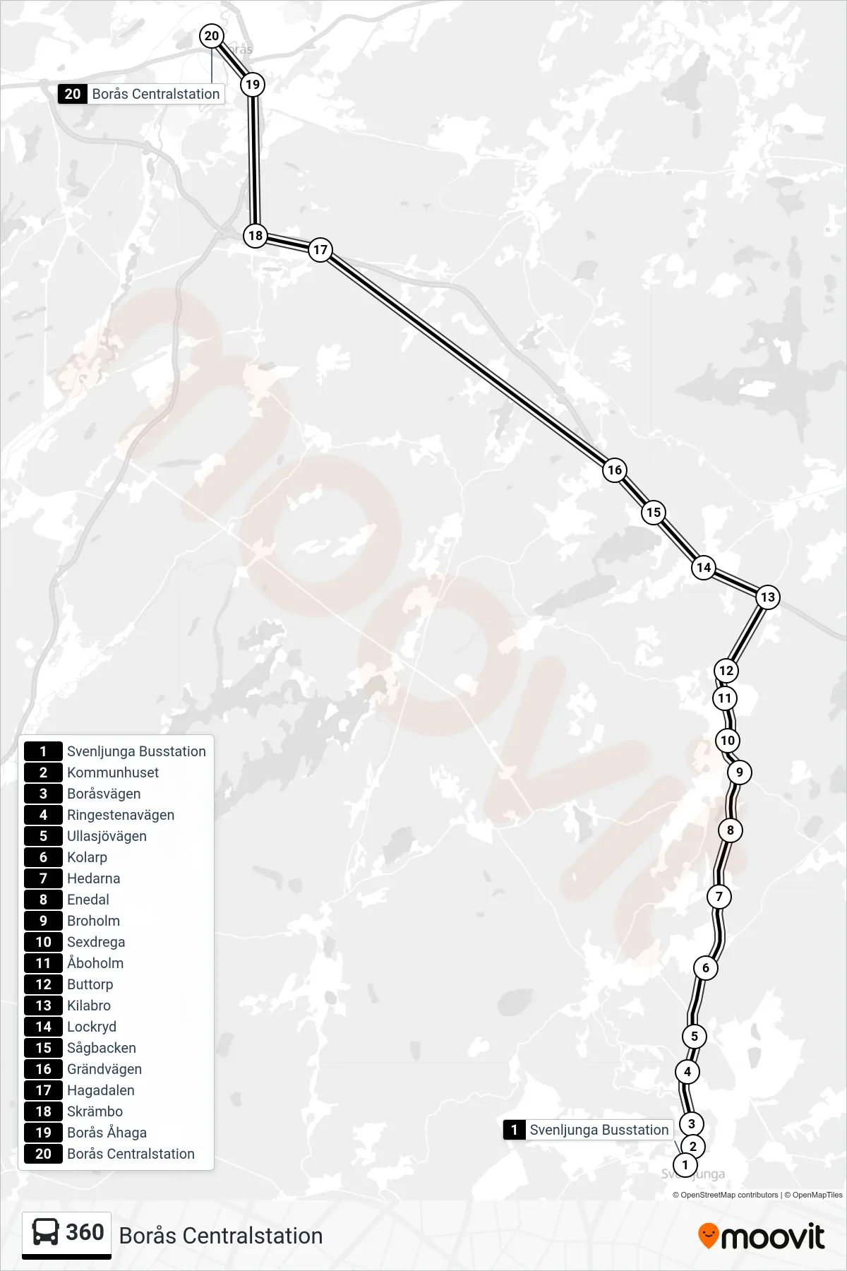 Rutt och hållplatser på karta för linje 360 spårvagn, (Borås Centralstation)