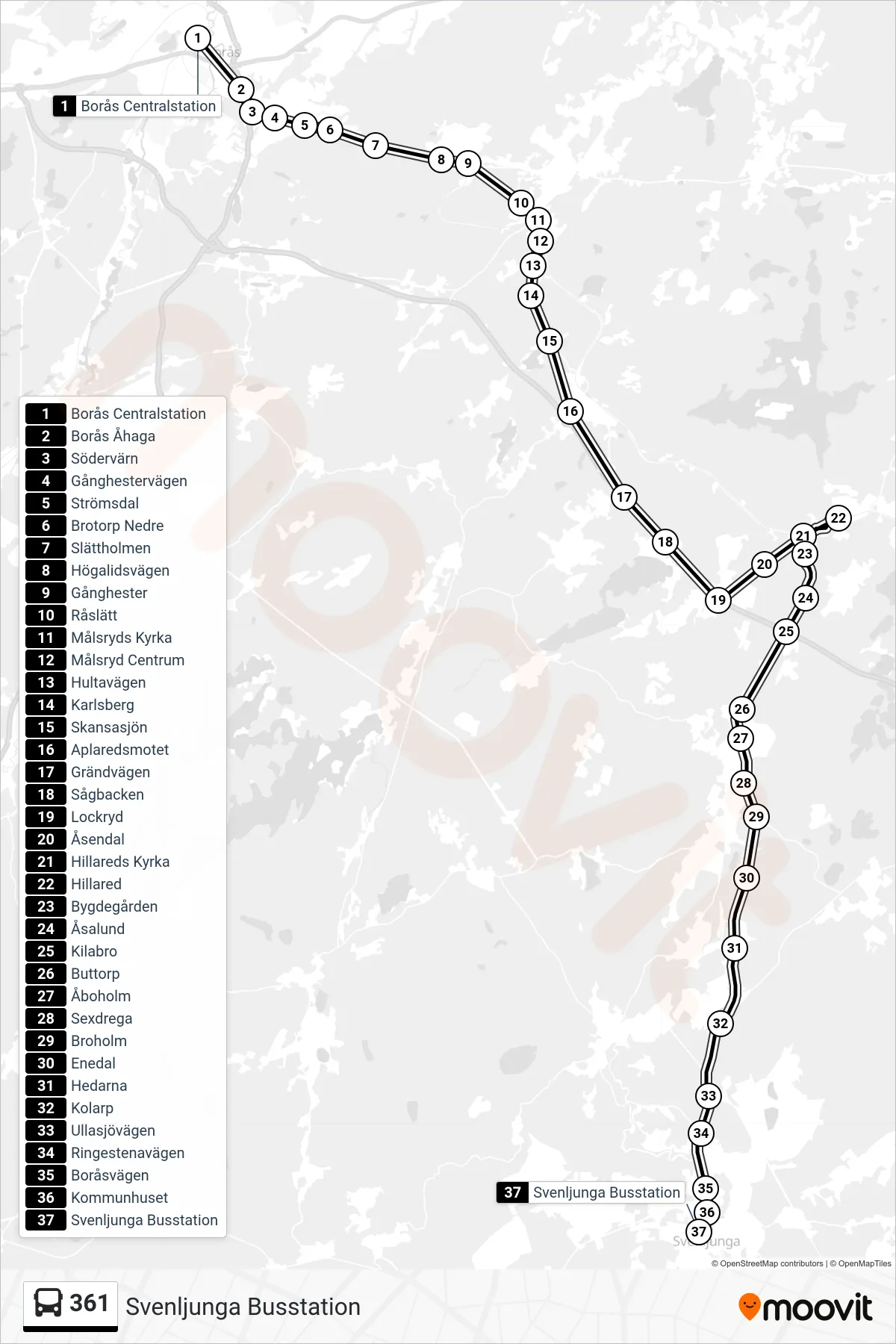 Rutt och hållplatser på karta för linje 361  spårvagn, (Svenljunga Busstation)