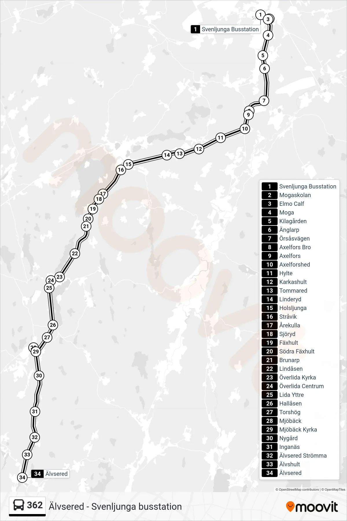 Rutt och hållplatser på karta för linje 362 spårvagn, (Älvsered)