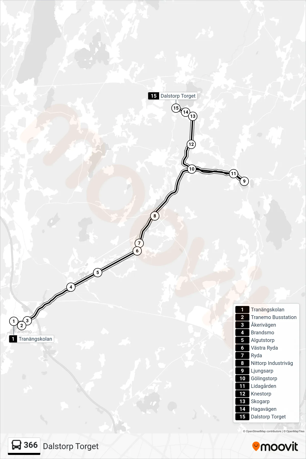 Rutt och hållplatser på karta för linje 366 spårvagn, (Dalstorp Torget)