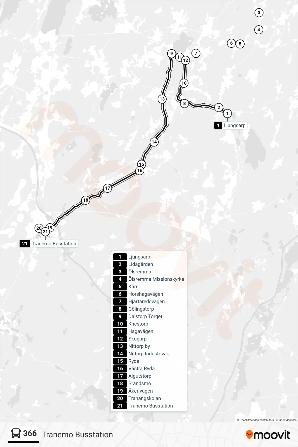 Rutt och hållplatser på karta för linje 366 spårvagn, (Tranemo Busstation)