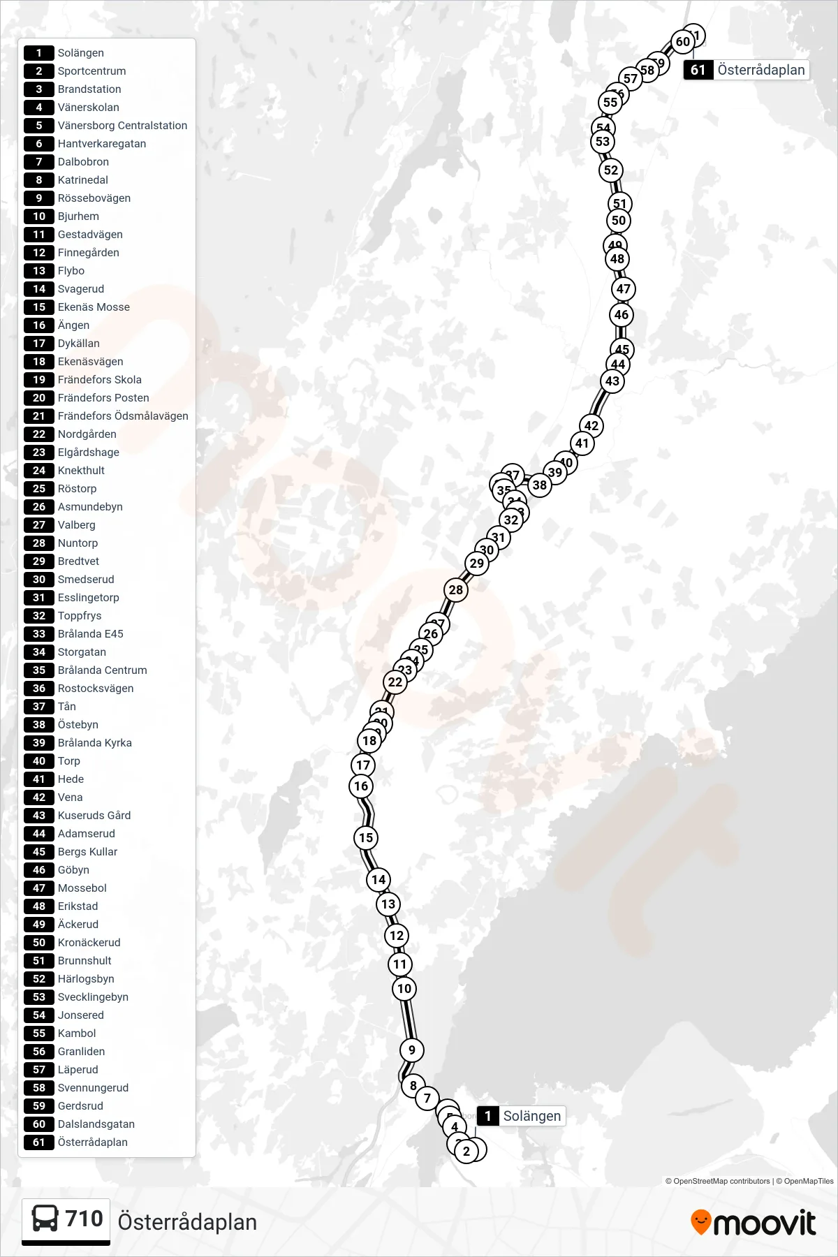 Rutt och hållplatser på karta för linje 710 spårvagn, (Österrådaplan)