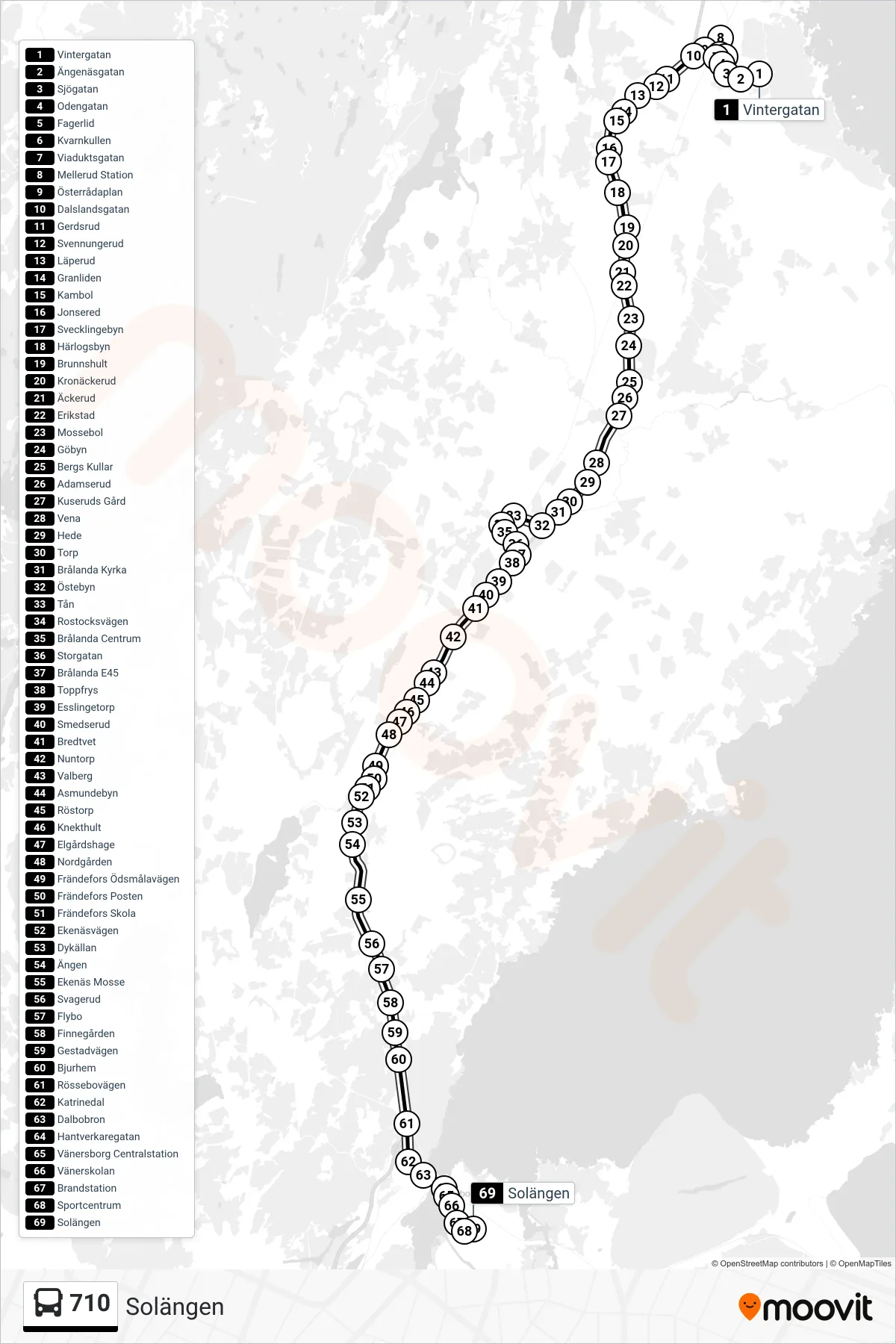Rutt och hållplatser på karta för linje 710 spårvagn, (Solängen)