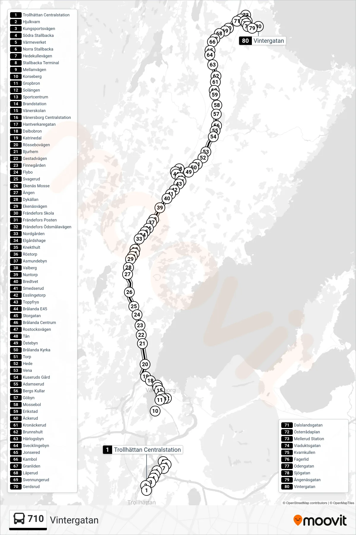 Rutt och hållplatser på karta för linje 710 spårvagn, (Vintergatan)