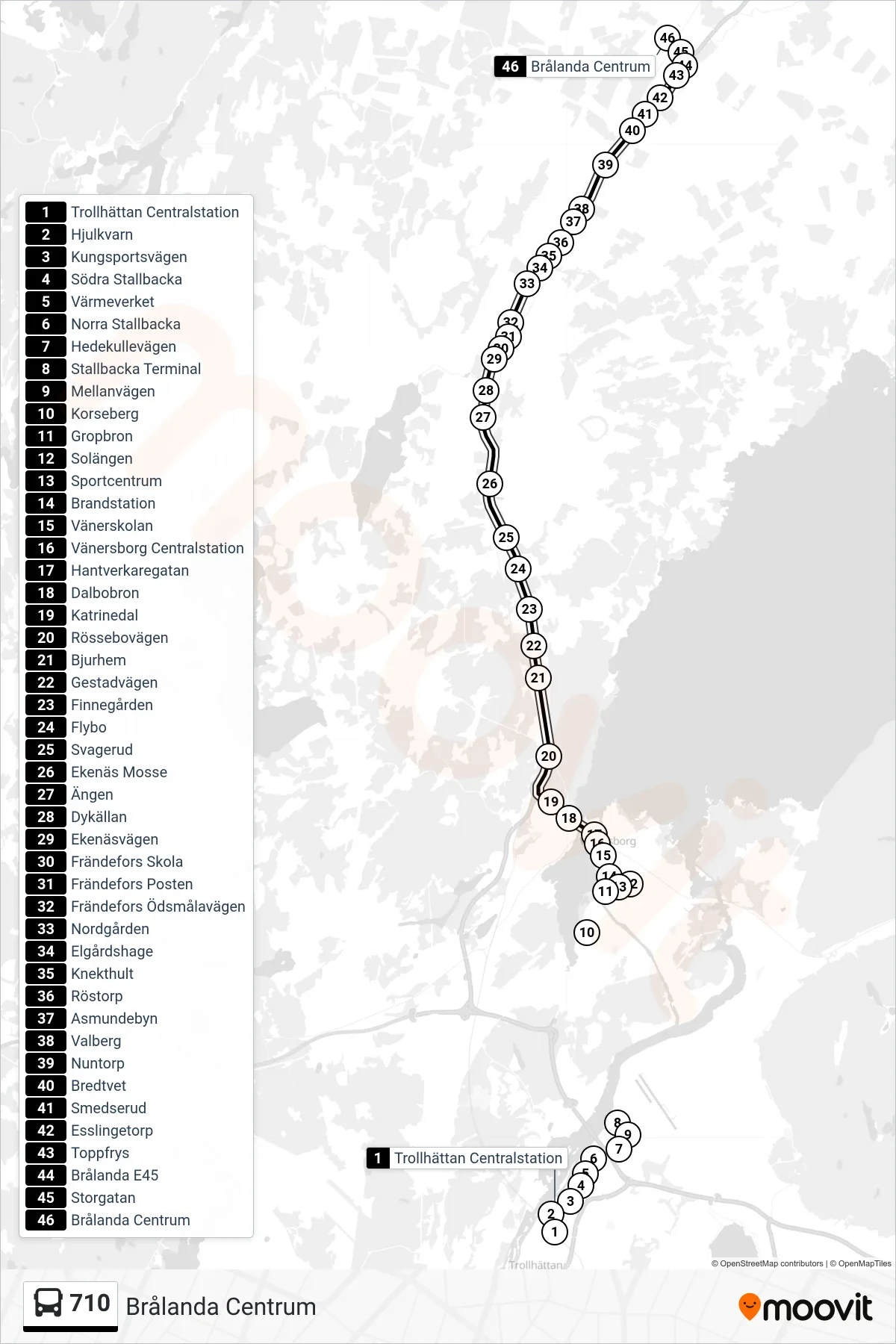 Rutt och hållplatser på karta för linje 710  spårvagn, (Brålanda Centrum)