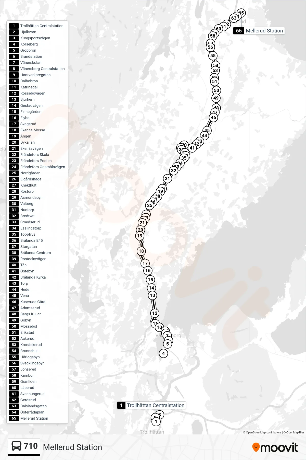 Rutt och hållplatser på karta för linje 710 spårvagn, (Mellerud Station)