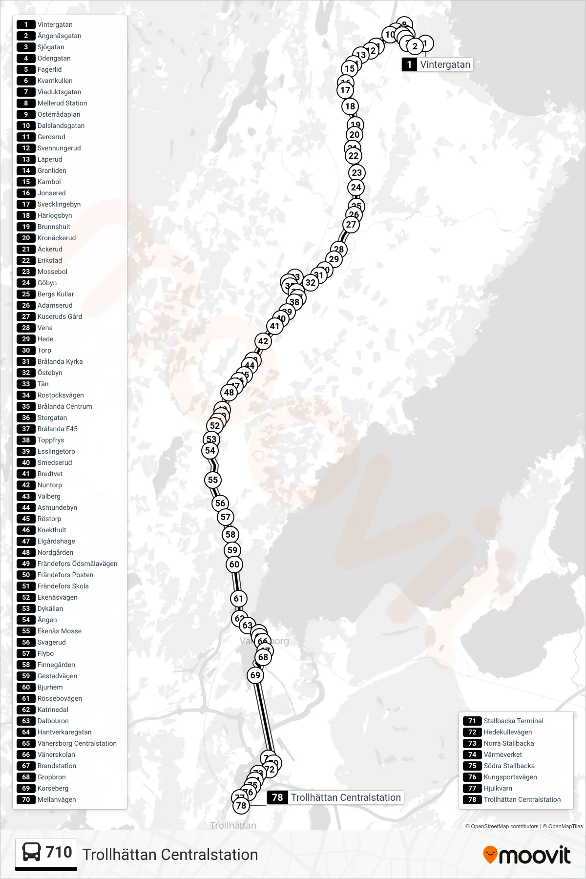 Rutt och hållplatser på karta för linje 710  spårvagn, (Trollhättan Centralstation)
