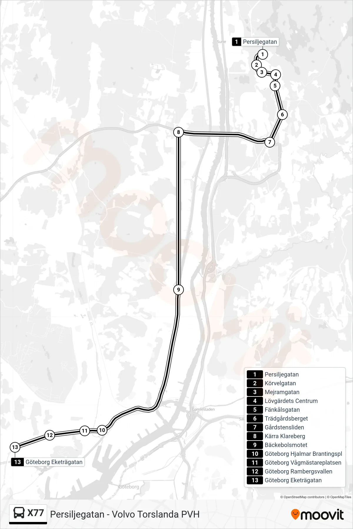 Rutt och hållplatser på karta för linje X77 spårvagn, (Göteborg Eketrägatan)