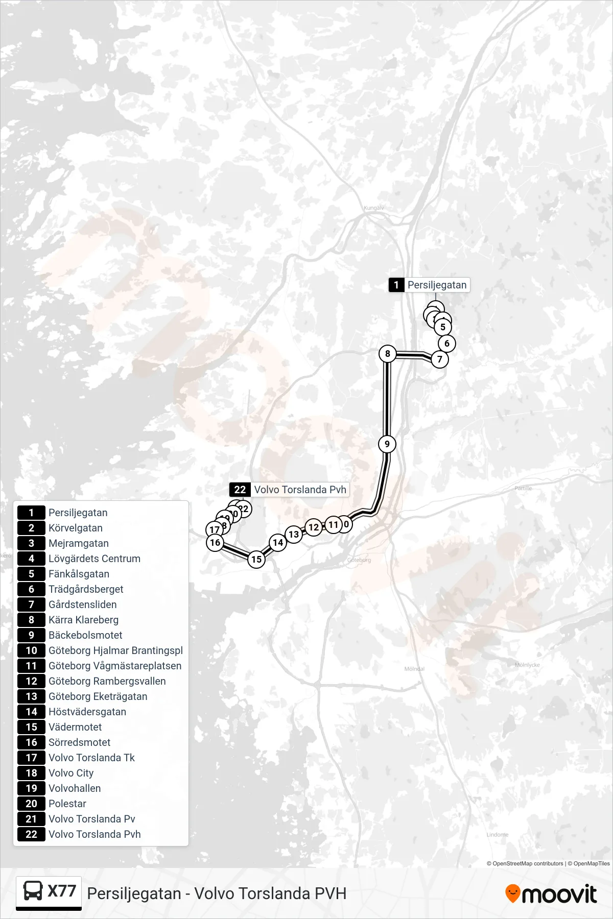 Rutt och hållplatser på karta för linje X77 spårvagn, (Volvo Torslanda Pvh)