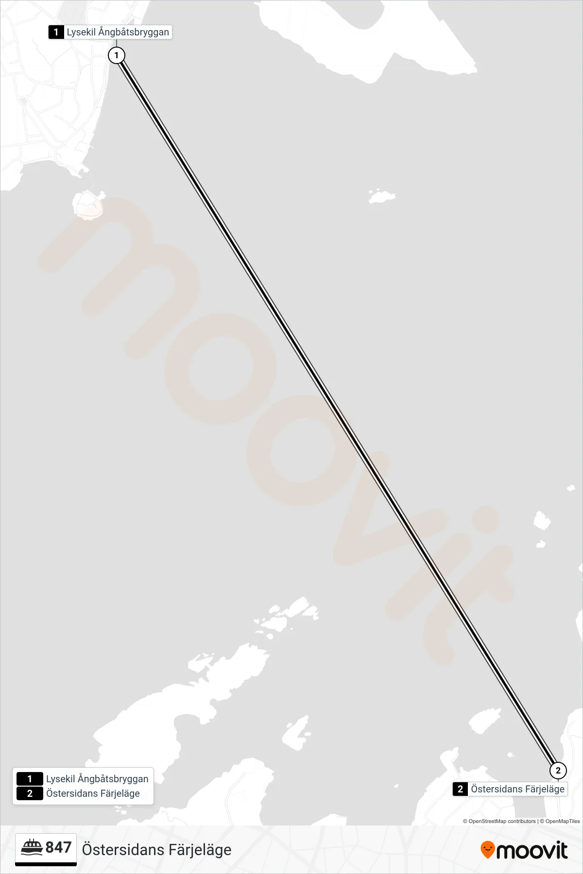 Rutt och hållplatser på karta för linje 847 spårvagn, (Östersidans Färjeläge)
