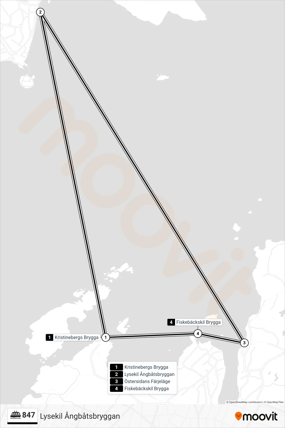 Rutt och hållplatser på karta för linje 847  spårvagn, (Lysekil Ångbåtsbryggan)