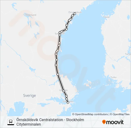 ÖRNSKÖLDSVIK CENTRALSTATION - STOCKHOLM CITYTERMINALEN buss Linje karta
