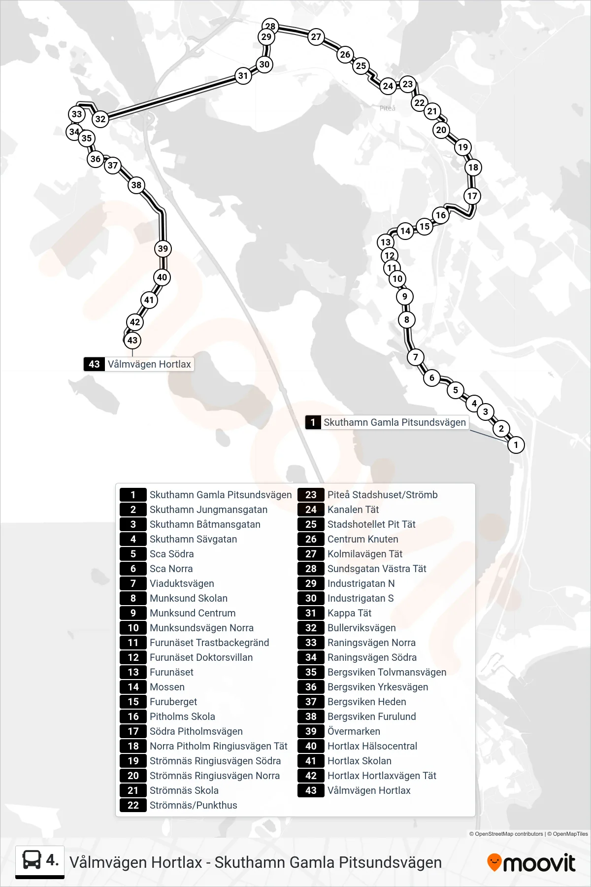 Rutt och hållplatser på karta för linje 4.  buss, (Vålmvägen Hortlax)