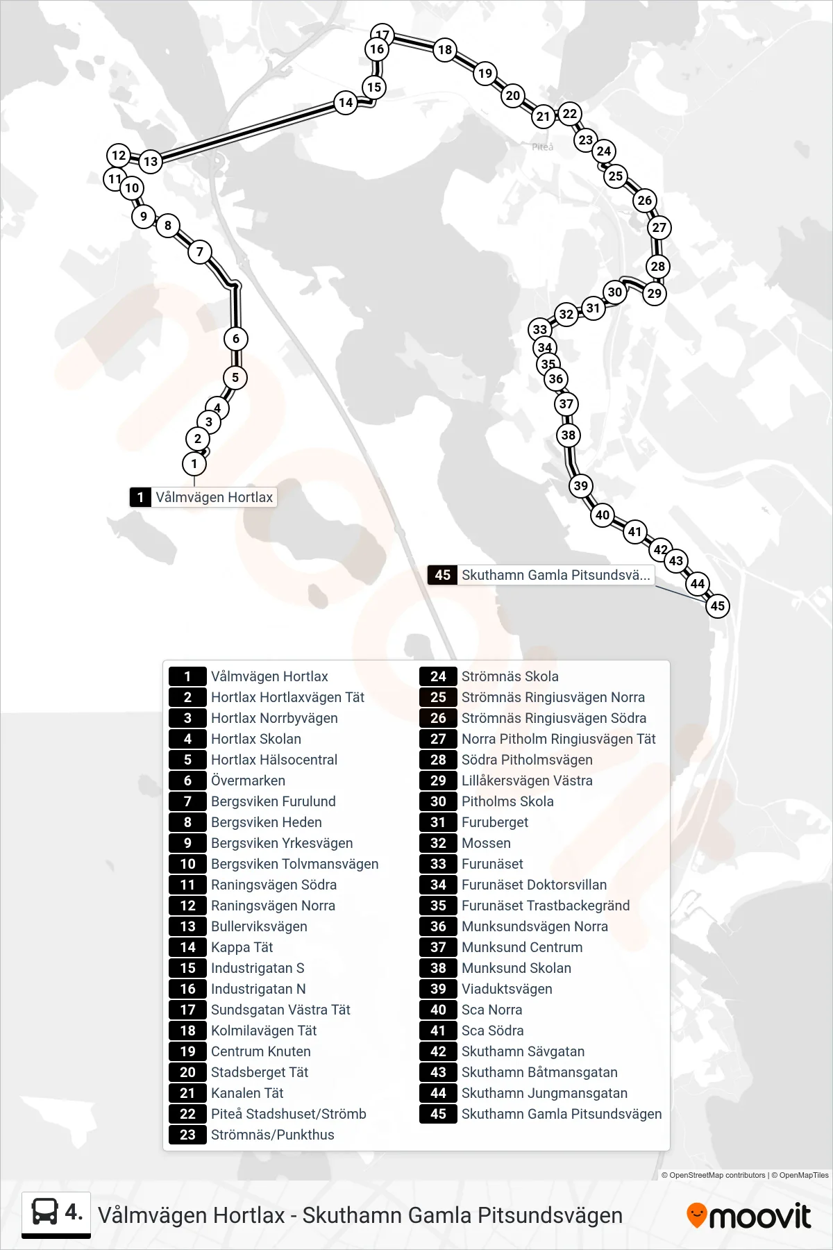 Rutt och hållplatser på karta för linje 4. buss, (Skuthamn Gamla Pitsundsvägen)