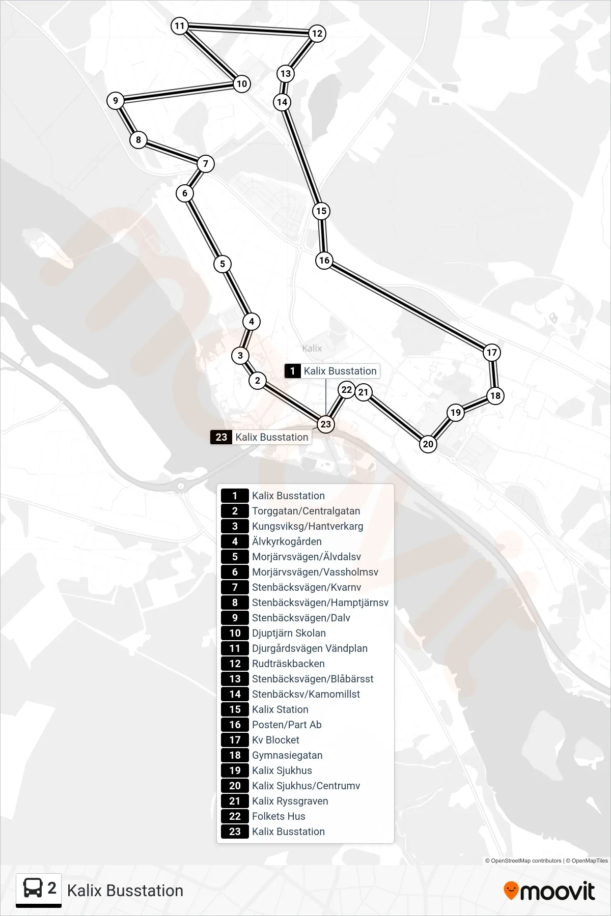 Rutt och hållplatser på karta för linje 2  buss, (Kalix Busstation)