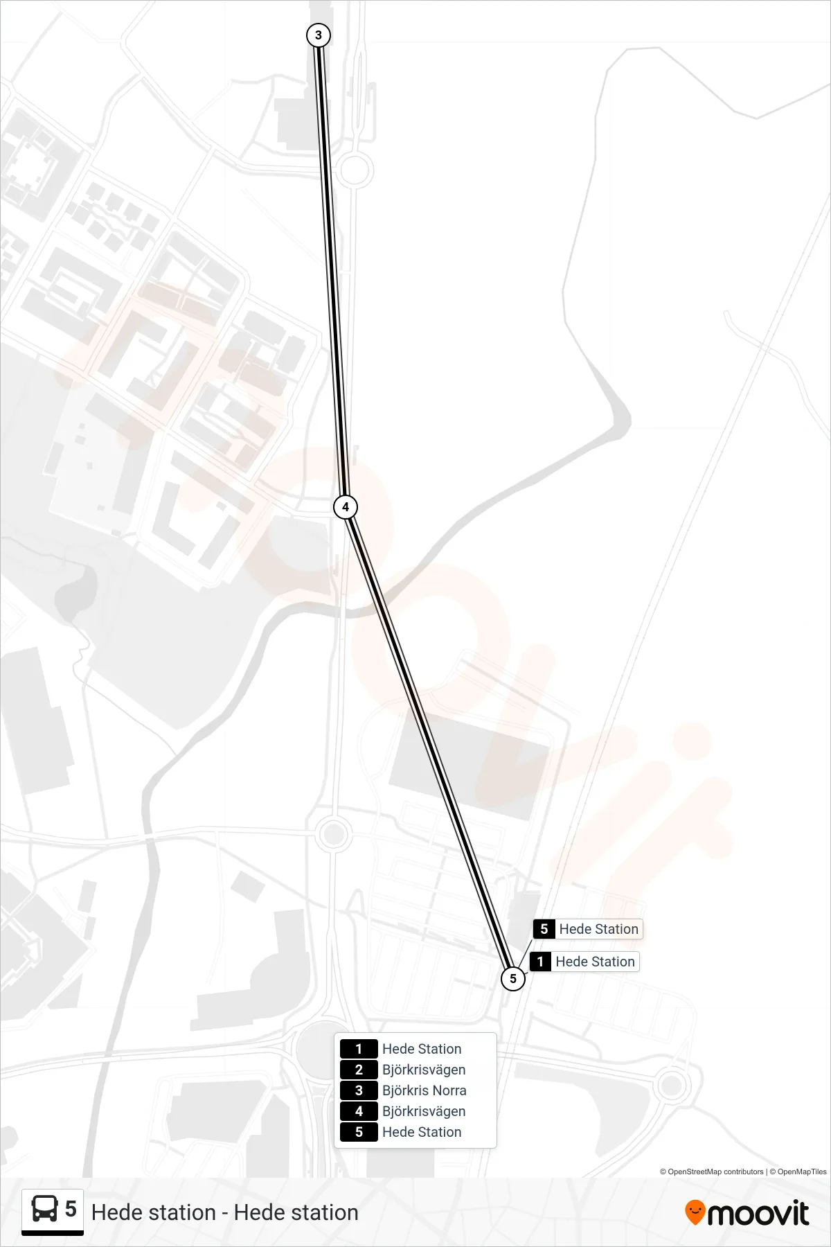 Rutt och hållplatser på karta för linje 5 spårvagn, (Hede Station)