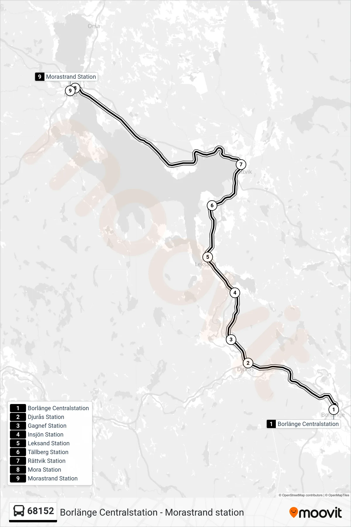 Rutt och hållplatser på karta för linje 68152 spårvagn, (Morastrand Station)