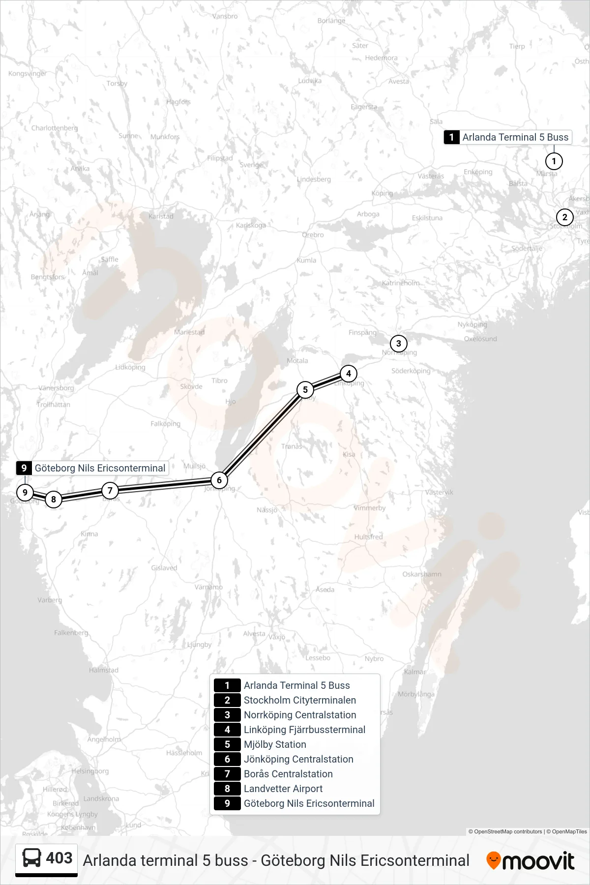 Rutt och hållplatser på karta för linje 403  spårvagn, (Göteborg Nils Ericsonterminal)