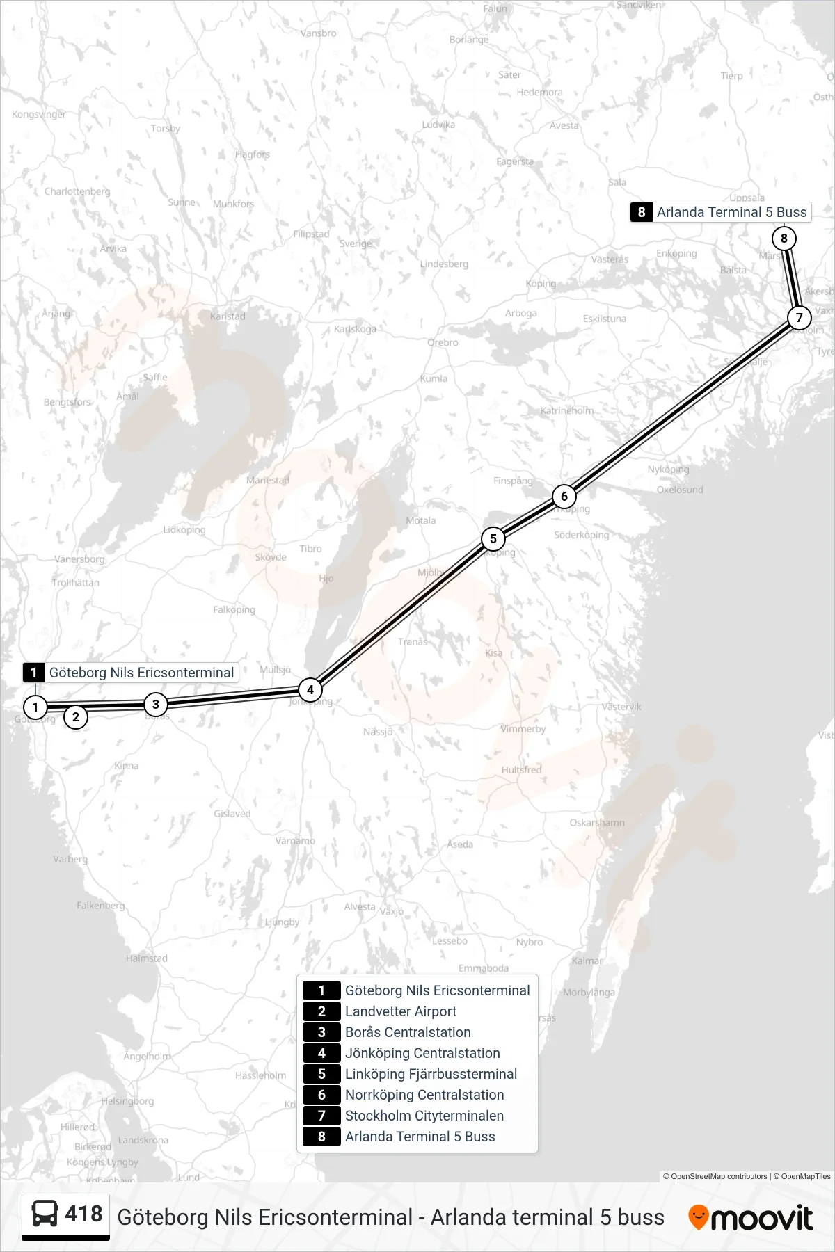 Rutt och hållplatser på karta för linje 418 spårvagn, (Arlanda Terminal 5 Buss)
