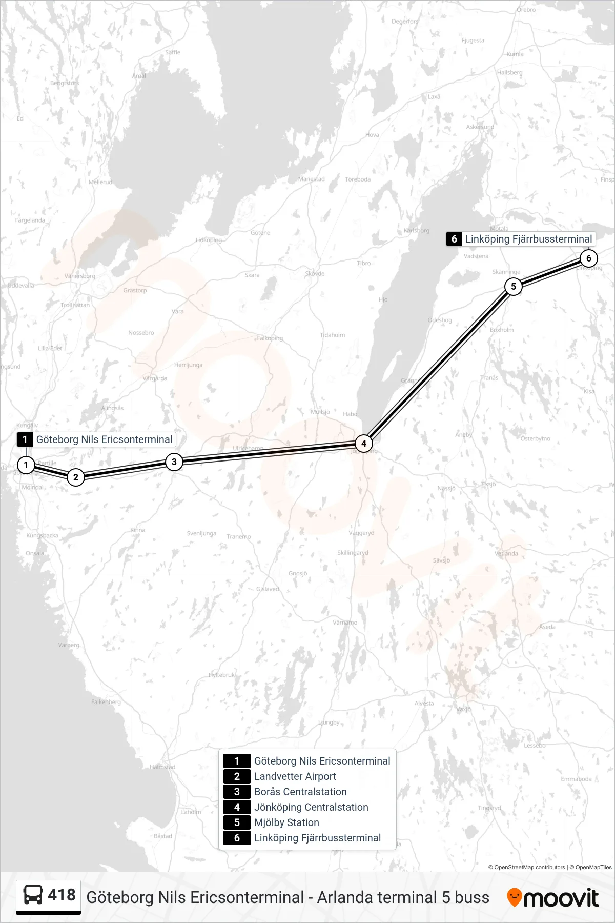 Rutt och hållplatser på karta för linje 418  spårvagn, (Linköping Fjärrbussterminal)