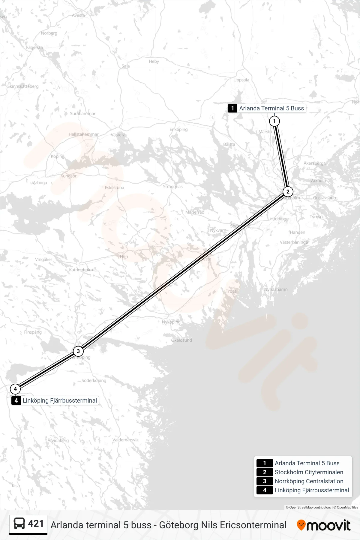 Rutt och hållplatser på karta för linje 421  spårvagn, (Linköping Fjärrbussterminal)