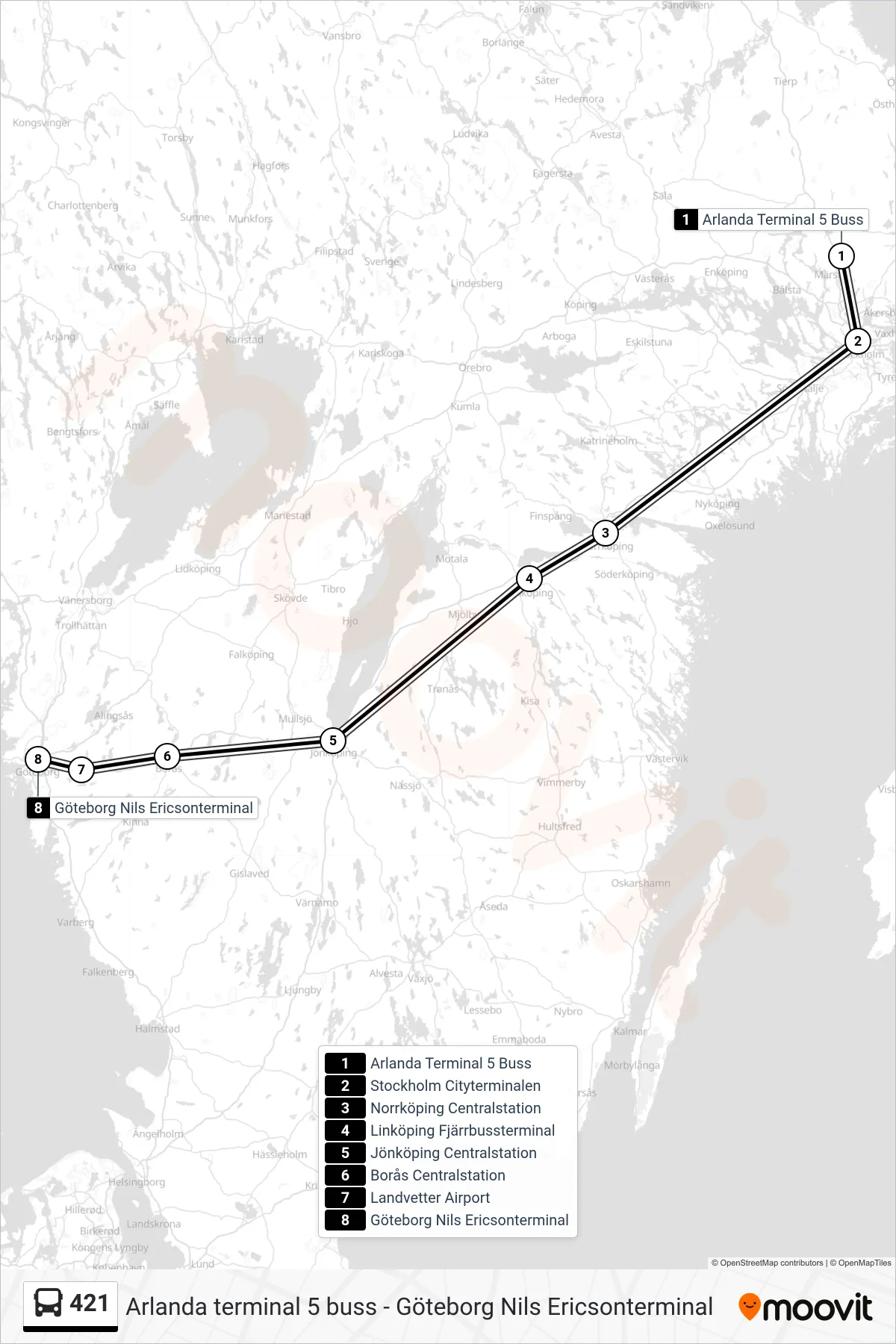 Rutt och hållplatser på karta för linje 421 spårvagn, (Göteborg Nils Ericsonterminal)